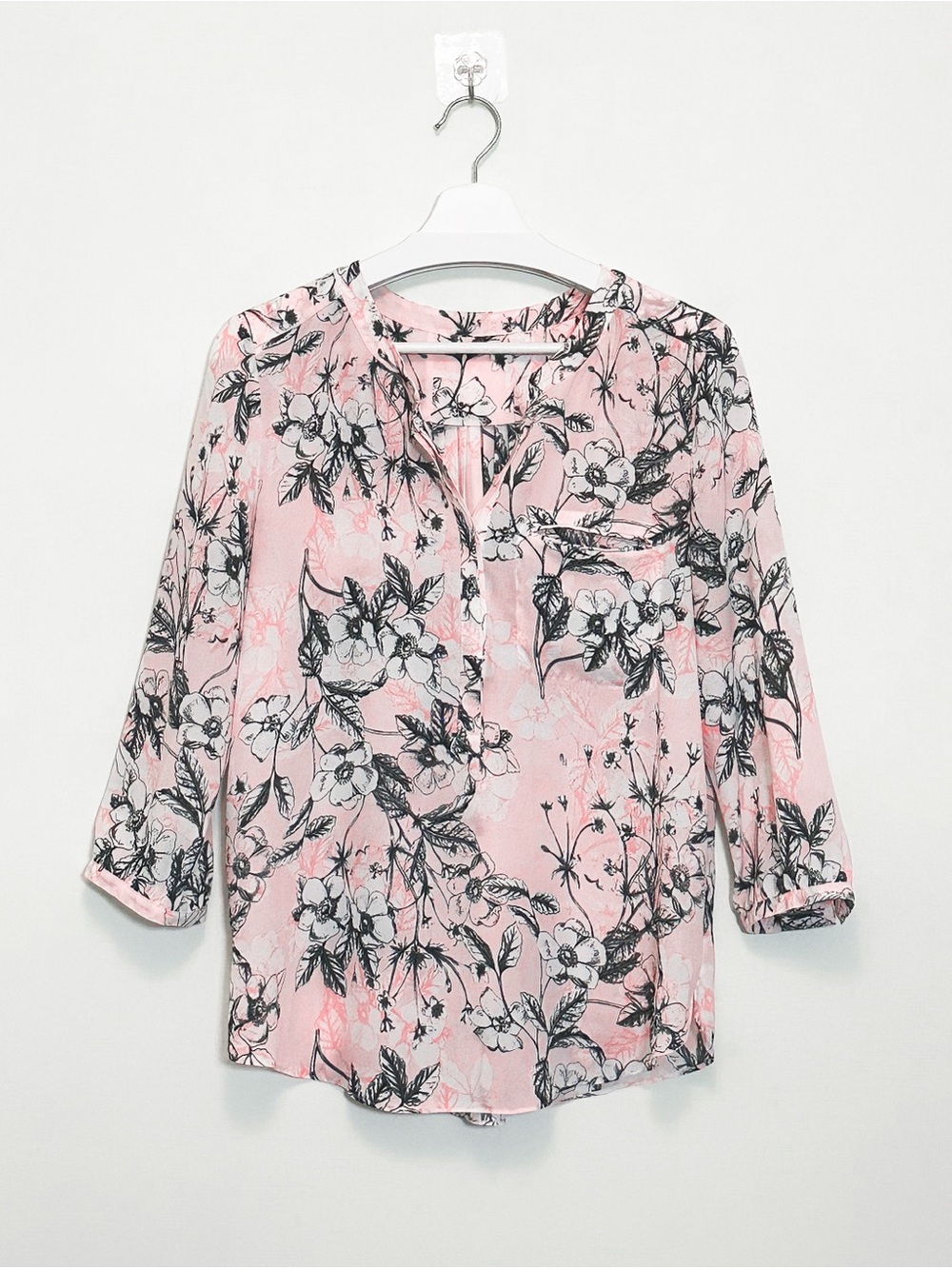 Womens Pink Floral Chiffon Blouse V-Neck 3/4 Sleeve Sheer Flowy Tunic Top